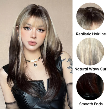 Ombre Synthetic Straight Cosplay Women Hair Platinum Blonde to Black Hair Long Layered Natural Wigs with Bangs for White Women