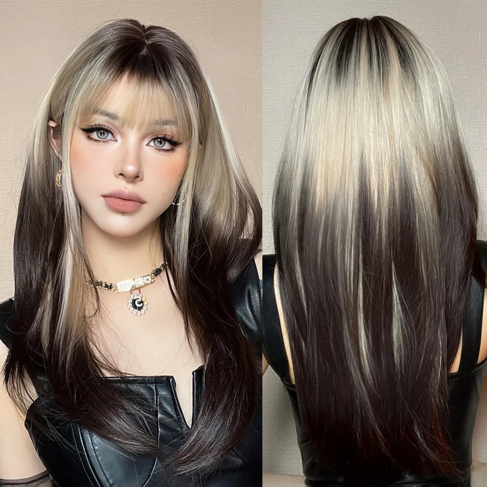 Ombre Synthetic Straight Cosplay Women Hair Platinum Blonde to Black Hair Long Layered Natural Wigs with Bangs for White Women